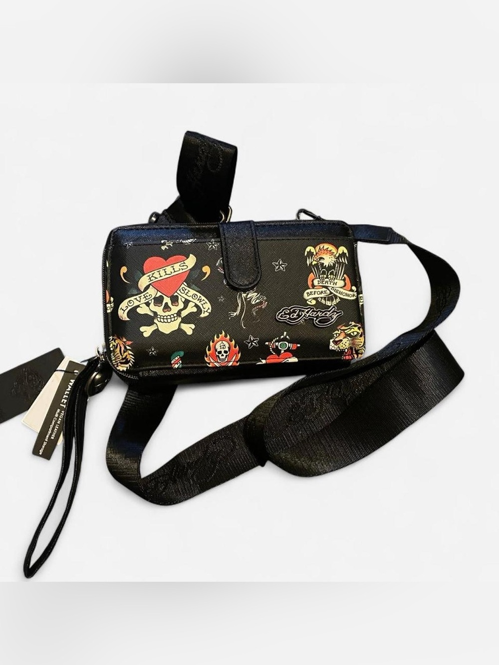 Ed Hardy Black Tattoo-Print Mini Crossbody with Red & Yellow Accents